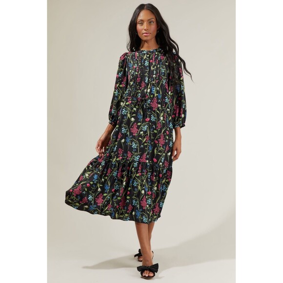 Sugarlips Dresses & Skirts - SUGARLIPS Madeline Groover Black  Floral Midi Dress Button Cinch Waist Large